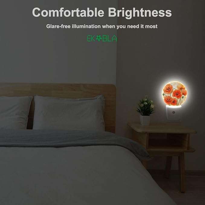 EKOBLA Poppy Flower Plug-in Night Light, Vintage Red Orange Floral LED Nightlight with Sensor for Hallway
