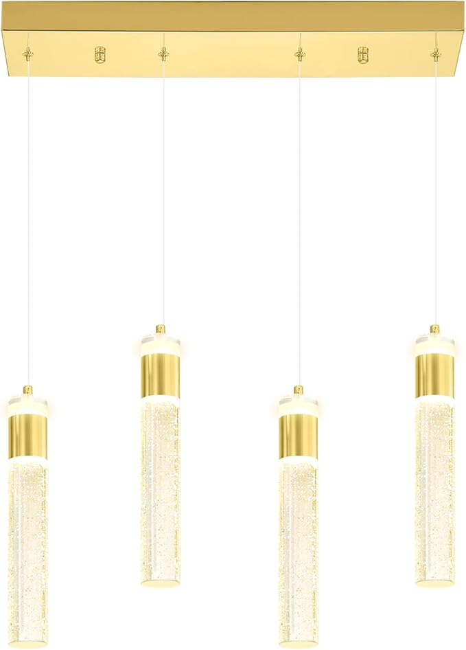 4-Light Gold Pendant Lights Kitchen Island Modern LED Gold Crystal Column Chandeliers Dimmable Crystal Ceiling Light for Dinning Room Living Room 32W