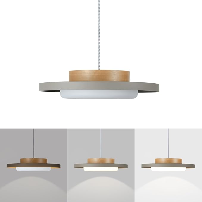 Modern Pendant Lights,15 inch,Real Wood Cap,3000K/Warm White/22W Dimmable,LED Pendant Light Fixtures for Kitchen, Dining Room, Living Room,Gray
