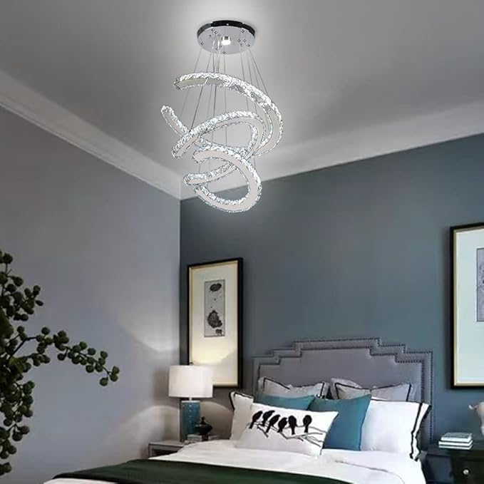 Finktonglan Modern Crystal Chandeliers 3C Rings Led Pendant Lamp Adjustable Stainless Steel Ceiling Lighting Fixture for Living Room Dining Room Bedroom Cool White