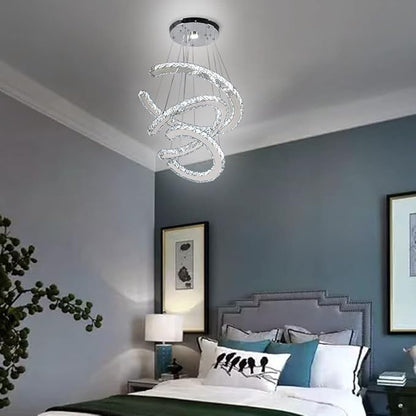 Finktonglan Modern Crystal Chandeliers 3C Rings Led Pendant Lamp Adjustable Stainless Steel Ceiling Lighting Fixture for Living Room Dining Room Bedroom Cool White