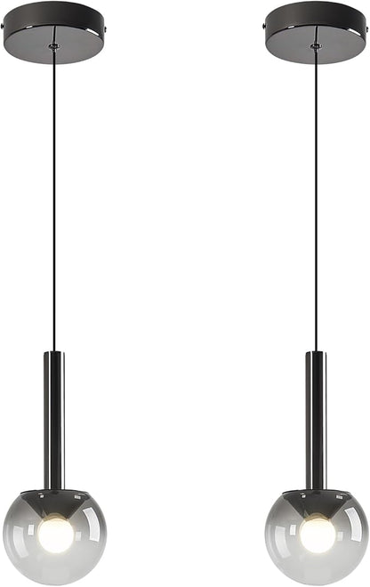 Globe Pendant Lighs for Kitchen Island,Modern LED Black Hanging Light Fixture with Gradient Gray Globe Glass Adjustable Ceiling Lights for Restaurant bar Sink Bathroom Entryway (2-Pack)
