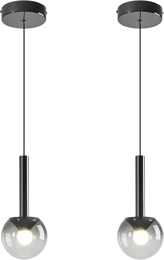Globe Pendant Lighs for Kitchen Island,Modern LED Black Hanging Light Fixture with Gradient Gray Globe Glass Adjustable Ceiling Lights for Restaurant bar Sink Bathroom Entryway (2-Pack)