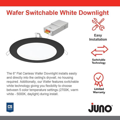 Juno LED Recessed Lights 6 Inch Round Wafer Downlight, 5-in-1 Switchable White Color Temperature, 120 Volts, 6-Inch Ultra-Thin Flat Trim, Matte Black (WF6 SWW5 90CRI MB M6)