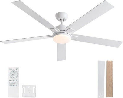 Rayqueen 60 Inch Ceiling Fans with Lights and Remote, 6 Speed Reversible DC Motor, 3CCT Dimmable LED, 5 Blades, White Modern Ceiling Fan for Bedroom, Living Room & Covered Outdoor, Includes Downrod