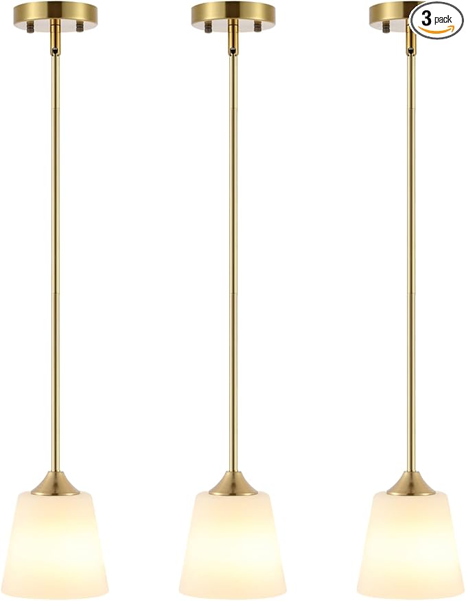 BYOLIIMA Modern Gold Pendant Light 3 Pack Brushed Brass Mid Century Chandelier White Cylinder Glass Shades Adjustable Rods Farmhouse Ceiling Hanging Lighting Fixture Kitchen Island Dining Room Bedroom