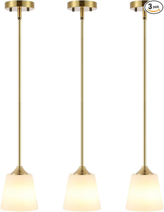 BYOLIIMA Modern Gold Pendant Light 3 Pack Brushed Brass Mid Century Chandelier White Cylinder Glass Shades Adjustable Rods Farmhouse Ceiling Hanging Lighting Fixture Kitchen Island Dining Room Bedroom