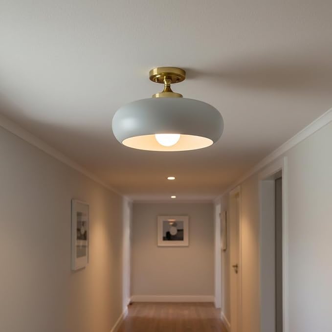 Mid Century Modern Semi Flush Mount Ceiling Light, Gold Kitchen Ceiling Light Fixture with Glass Shade, Grey Close to Ceiling Lamp Mini Chandeliers for Entryway Hallway Bathroom