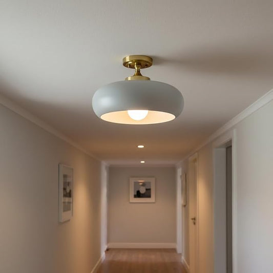 Mid Century Modern Semi Flush Mount Ceiling Light, Gold Kitchen Ceiling Light Fixture with Glass Shade, Grey Close to Ceiling Lamp Mini Chandeliers for Entryway Hallway Bathroom