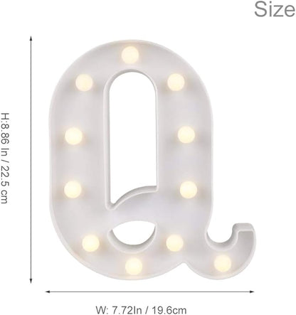 ODISTAR LED Light Up Marquee Letters, Battery Powered Sign Letter 26 Alphabet with Lights for Wedding Engagement Birthday Party Table Decoration bar Christmas Night Home,9’’, White (Q)
