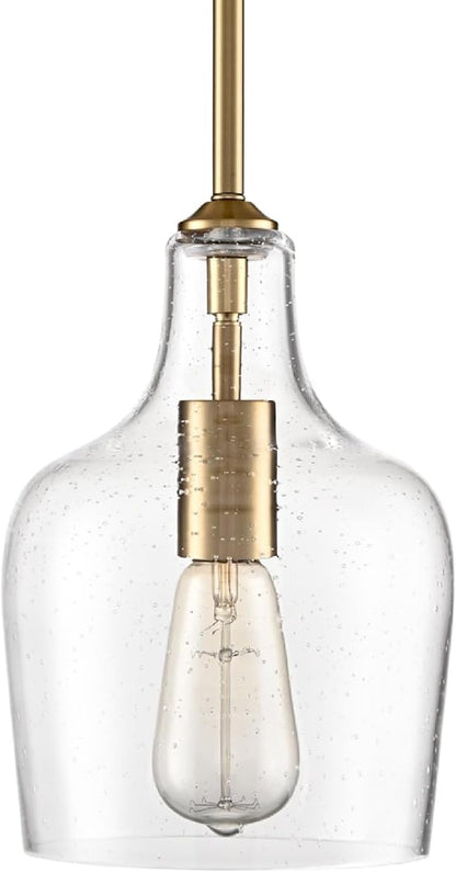 Modern Seeded Glass Kitchen Pendant Lighting Rod-Hung Brass Glod Pendant Lighting for Kitchen Island with Teardrop Shape Hand-Blown Glass