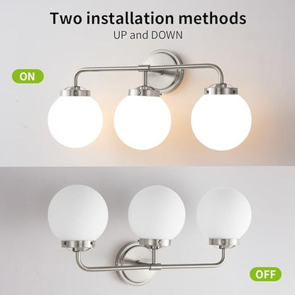 Bathroom Light Fixtures Over Mirror, 22.4'' Brushed Nickel Modern Vanity Lights with Milk White Glass Globe Shades 3-Light Farmhouse Wall Sconce Lighting