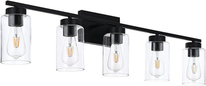 5 Light Bathroom Vanity Light Fixtures, Matte Black Modern Wall Lights with Clear Glass Shade, Vintage Wall Sconce Lighting for Living Room, Mirror, Bedroom, Hallway (Black, 5-Lights)