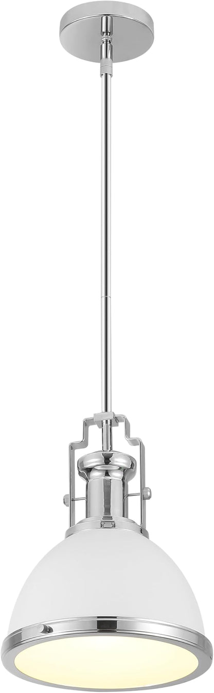 JONATHAN Y 10" Chrome/White Modern Industrial Iron LED Dome Pendant Light, Adjustable Hanging Fixture for Kitchen Island or Entryway, White Metal Shade, LED Bulb Included (JYL9535C)