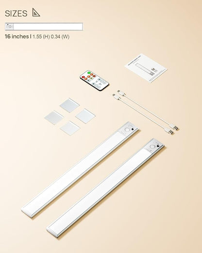 16inch Under Cabinet Lighting with Remote, LED Motion Sensor Light Indoor, 4000mAh Rechargeable Closet Lights, 3 Color Temps Wireless Under Counter Lights for Kitchen, Pantry, Stair, 2 Pack