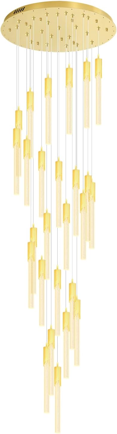Flashing God Gold 28 Lights Large Foyer Chandeliers for High Ceilings 12 feet Long Spiral Stair Pendant Chandelier Crystal Ceiling Light Fixtures Dimmable 2700k-4500k-6000k