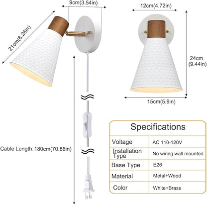 White Plug in Wall Sconces Set of 2, Modern Wall Light with Plug in Cord, Wooden Plug in Sconce with Hammered Metal Shade, Corded Wall Sconce Light Wall Lamp for Bedroom, Living Room, Hallway