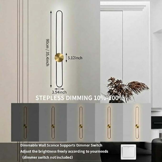 Modern Wall Sconce Dimmable 3000K/4000K/6000K LED Wall Light Fixture, Hardwired Wall Lamp for Living Room, Dining Room, Bedroom, Hallway, Lobby, Entryway (Brushed Black, 35.4inch/H90cm)