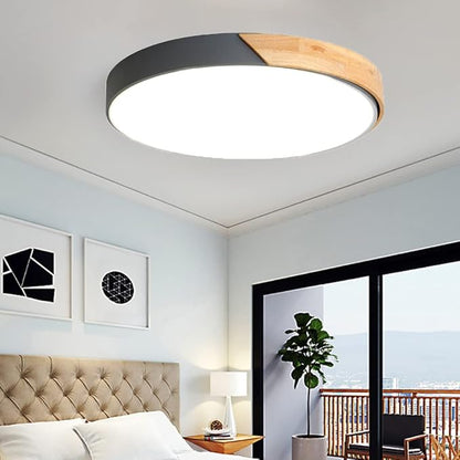 LED Ceiling Light Fixture,16 Inch Modern Wood Recessed Ceiling Lights, Dimmable Light,Grey 24W Close to Ceiling Lighting Flush Mount Living Room Bedroom,3000K-6000K