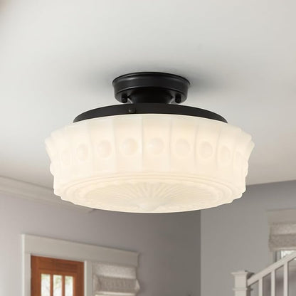 youngrender Schoolhouse Light Fixture Modern Black Flush Mount Ceiling Lighting 14" Milk White Glass Shade Vintage Ceiling Light for Farmhouse Kitchen Hallway Entryway