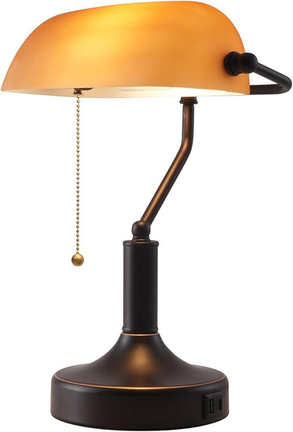 Vintage Bankers Desk Lamp with Pull Chain Switch, Traditional Desk Lamp with USB A and Type C Charging Port, Oil Rubbed Bronze Table Lamp with Amber Glass Shade for Office, Library, Study Room