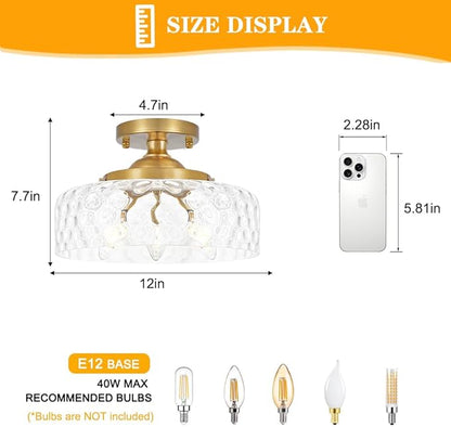 Gold Semi Flush Mount Ceiling Light, 3-Light Ceiling Light with Hammered Glass, Vintage Hallway Lights, Brass Closet Light Fixture, Kitchen Flush Ceiling Mount for Entryway Bedroom Bathroom,E12