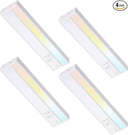 TORCHSTAR 4-Pack 12 Inch LED Under Cabinet Lighting 5CCT, ETL T24, 8W 600LM, Hardwired & Plug-in, 5 Color Selectable CRI90 120V Dimmable Under Counter Lights for Kitchen, White Aluminum Housing