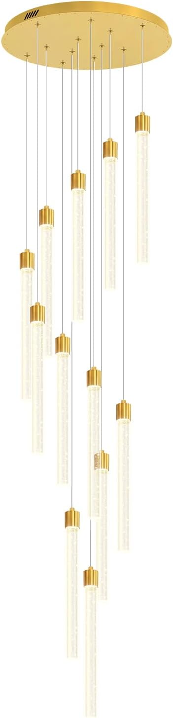 118'' Modern Glam Crystal Column Chandelier for High Ceiling LED Dimmable Pendant Light Staircase Foyer Enterway Living Room Ceiling Chandelier Lighting Gold 12 Lights