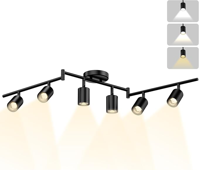 LED 6 Light Track Lighting Kit, 3 Color Adjustable Ceiling Spot Lighting Includes 6 x GU10 Bulb, Modern Track Light Fixture with Rotatable Heads for Kitchen, Living Room, Bedroom