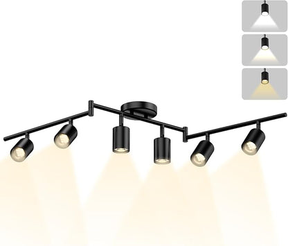 LED 6 Light Track Lighting Kit, 3 Color Adjustable Ceiling Spot Lighting Includes 6 x GU10 Bulb, Modern Track Light Fixture with Rotatable Heads for Kitchen, Living Room, Bedroom
