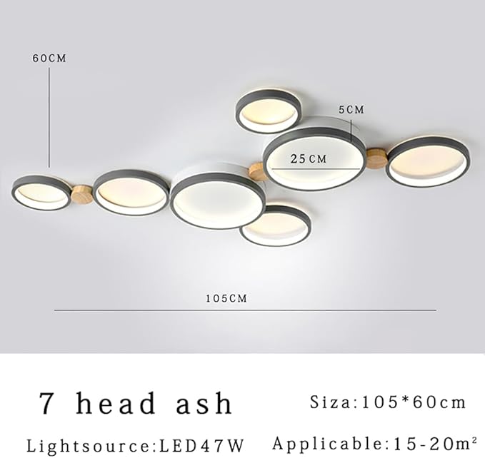 7-Lights LED Ceiling Light Fixture,42 Inch Modern Ceiling Lights Flush Mount Wooden 47W Dimmable Chandelier for Living Room Bedroom Kitchen,3000K/4000K/6000K Temperatures Selectable Grey