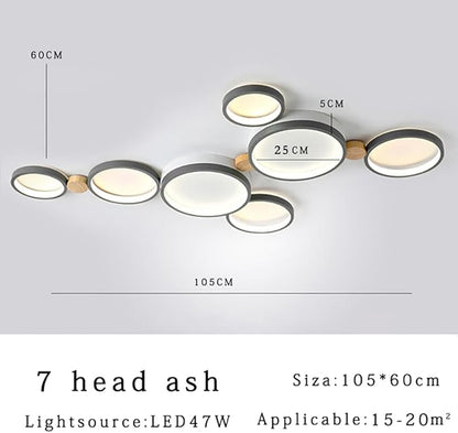7-Lights LED Ceiling Light Fixture,42 Inch Modern Ceiling Lights Flush Mount Wooden 47W Dimmable Chandelier for Living Room Bedroom Kitchen,3000K/4000K/6000K Temperatures Selectable Grey