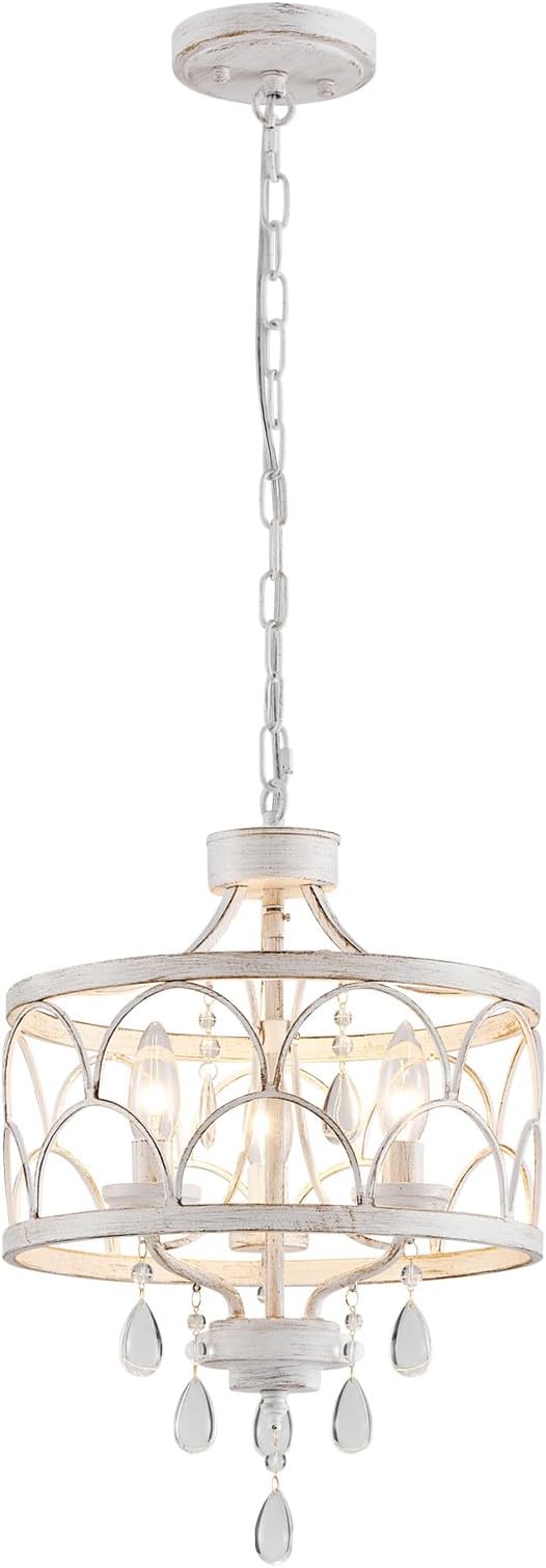 Small Crystal Chandelier, Modern Crystal Chandelier for Dining Room, Rustic Farmhouse White Round Ceiling Pendant Light Fixture for Living Room, Entryway, Hallway, Bedroom, Bathroom