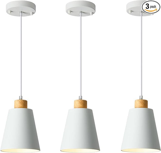 White Pendant Light Kitchen Island Wood Pendant Lighting Mini Modern Hanging Light Small Pendant Light Fixture for Dining Room,Bar,Bedroom,Adjustable Cord,5.94 inch,3 PCS