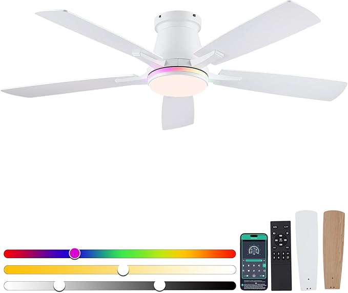 Surtime 52" Ceiling Fans with RGB Lights-Low Profile Ceiling Fan with Light and Remote/APP Control,Flush Mount,DC Reversible,LED Dimmable Ceiling Fans for Bedroom,Indoor/Outdoor Patio Use(White)