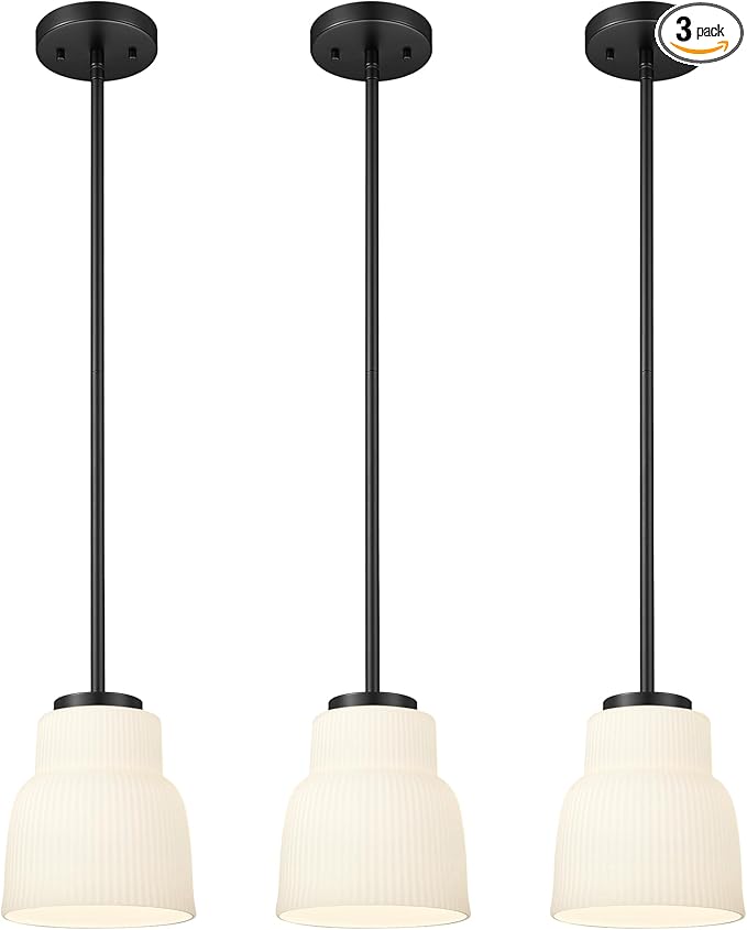 FEMILA 3 Pack Pendant Light for Kitchen Island, 6.7" Milk Glass Pendant Light Vintage Light Fixtures for Bedroom Hotel Dining Room, 4FYD87MIL-3PK BK