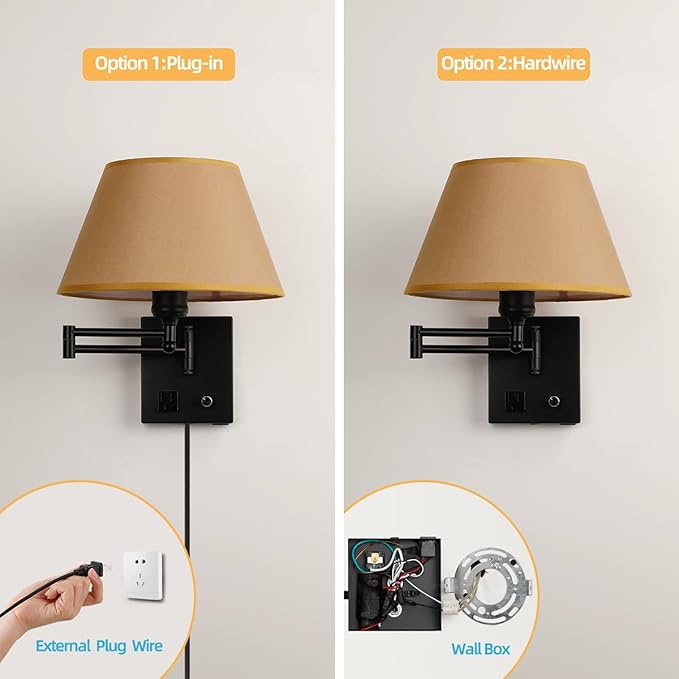 Swing Arm Wall Sconces, Plug-in Wall lamp,Bedroom Wall lamp ， White Fabric Shade with dimmable Switch and USB Charging Port,Suitable for Bedside,Living Room,Reading (Black. Gold Shadow)