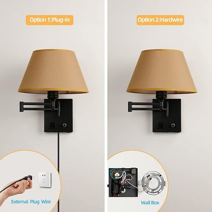Swing Arm Wall Sconces, Plug-in Wall lamp,Bedroom Wall lamp ， White Fabric Shade with dimmable Switch and USB Charging Port,Suitable for Bedside,Living Room,Reading (Black. Gold Shadow)