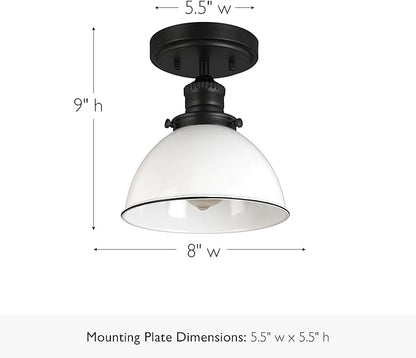Design House Savannah Rustic Farmhouse Ceiling Light, Semi-Flush Mount, Dimmable, White Metal Shade, Matte Black, 8 in x 8 in x 9 in, 588319