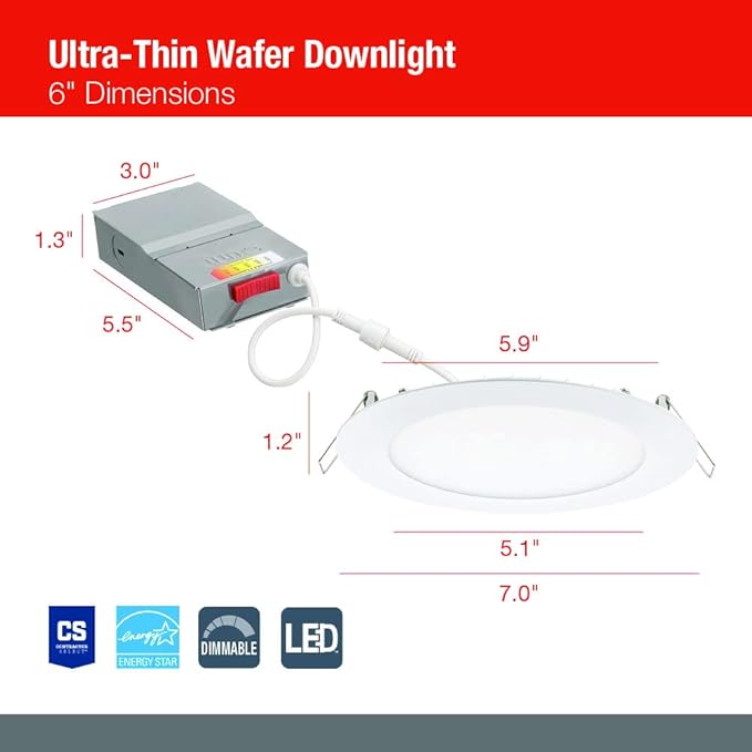 Juno Wafer Downlight LED Recessed Lighting, Switchable Color Temperature 2700K/3000K/3500K/4000K/5000K, 120 Volts, Triac Dimming, 6 Inch Ultra Thin Trim, Oil Rubbed Bronze