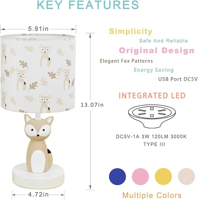 Fox LED Table Lamps with USB Port DC5V,Set of 2,Light Brown Kids Table Lamp,Night Light for Kids Room,Nursery,Bedroom,Kitchen Counter,Gameroom,Φ5.91×H12.88IN,Hand-Made