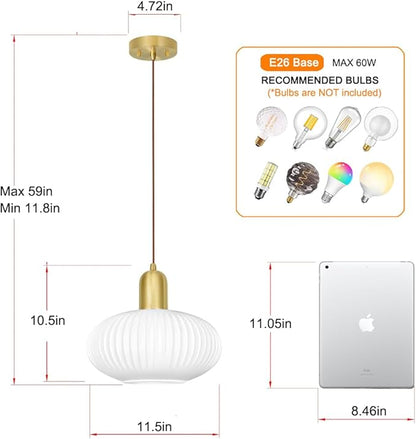 Modern Pendant Light, Brass Gold Kitchen Island Pendant Light Fixture, Pendant Lighting Fixture with Milky White Globe Glass Shade, Adjustable Ceiling Hanging Ligth for Bathroom Dining Room, 11.5in