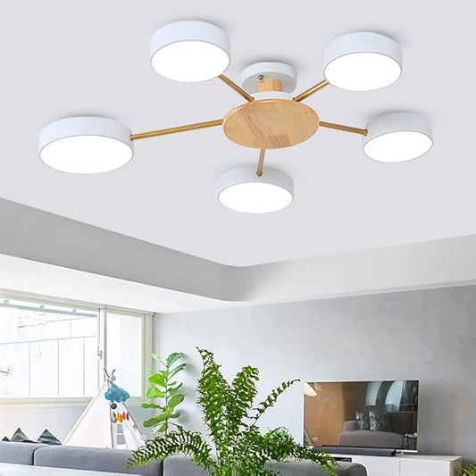 5-Lights LED Ceiling Light Fixture,32 Inch Modern Ceiling Lights Flush Mount Wooden 40W Dimmable Chandelier for Living Room Bedroom Kitchen,3000K/4000K/6000K Temperatures Selectable White