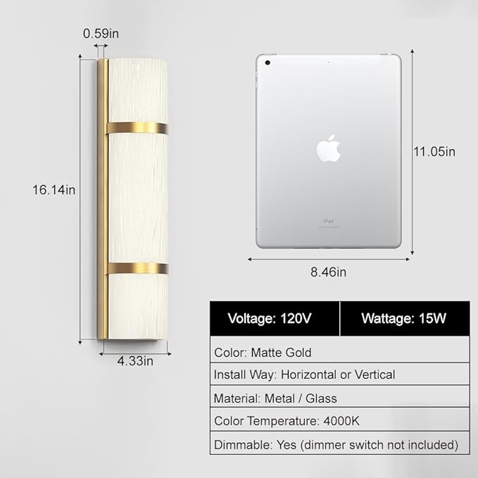 Modern Bathroom Wall sconces Set of 2 – 16 Inch Bathroom Wall Light Fixture, LED Gold Wall Sconce with Artisanal White Frosted Glass, 4000K Warm Lighting for Hallway Bedroom Living Room