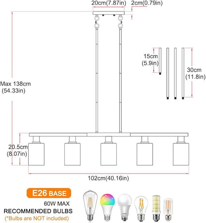 5-Light Kitchen Island Lighting Gold Adjustable Chandelier, Farmhouse Dining Room Light Fixtures Over Table, Height Adjustable Linear Pendant Light Fixture with Clear Glass Shade for Kitchen