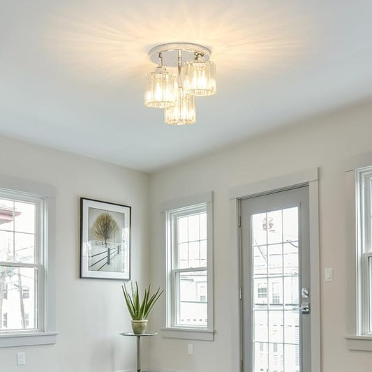 Lxybcce Crystal Ceiling Light Fixture, Chrome Semi Flush Mount Ceiling Light Fixture, 3-Light Hallway Lighting with Clear Crystal Shades for Kitchen Entryway Bedroom Bathroom Foyer, E26