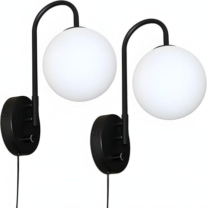 Plug in Wall Sconces Decor Set of Two, Modern Black Globe E12 Wall Lamp, Stepless Dimmable Gooseneck Wall Light for Living Room Bedroom Hallway, Milky White Glass Shade, Optional Hardwired