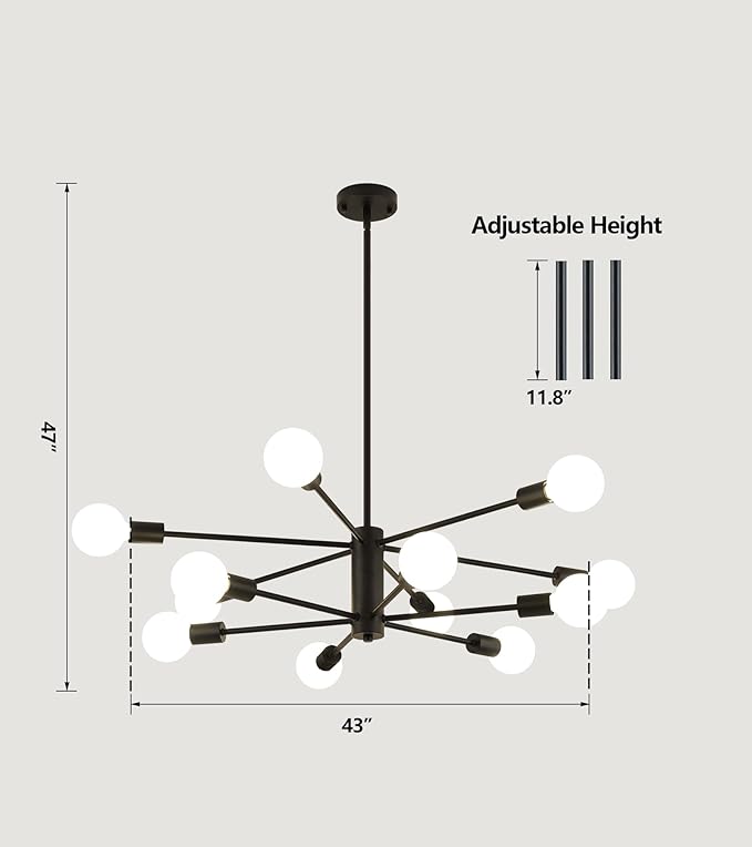AMZASA Black Sputnik Chandeliers, 12 Light Modern Farmhouse Mid Century Pendant Light, Chandeliers for Dining Room Living Room Kitchen Island Entryway Foyer, UL Listed