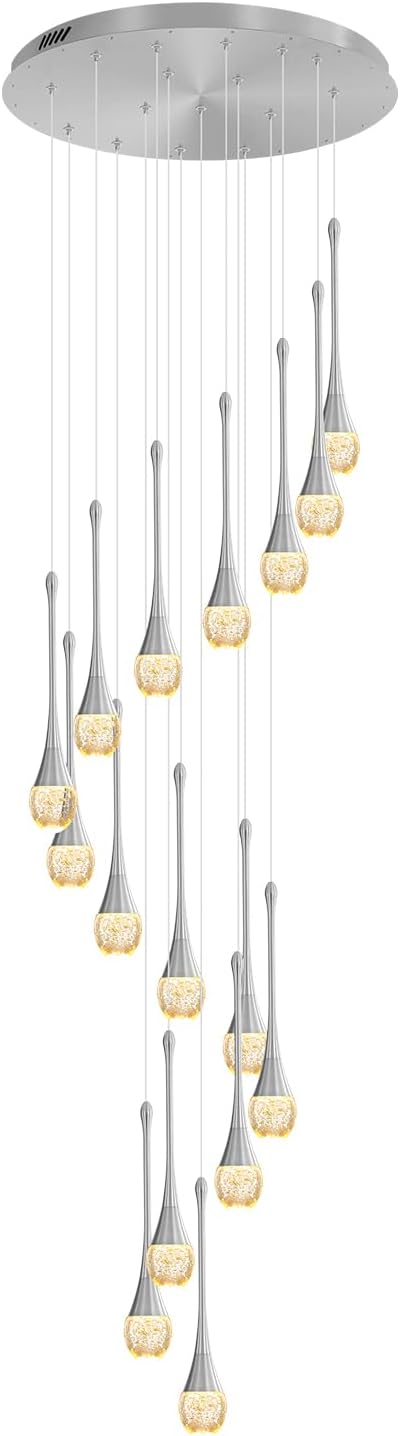 ykolupty Modern Crystal Chandeliers LED Dimmable Stairwell Chandelier Silver Teardrop Chandelier Large Pendant Light for Entryway Foyer Living Room
