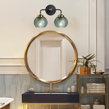 Mid Century Vanity Light Black Bathroom Wall Light Fixtures Green Glass Wall Sconce lamp Ribbed Glass Shade Modern Art Deco Vanity Lights for Over Mirror Bedroom Hallway 2 Lights